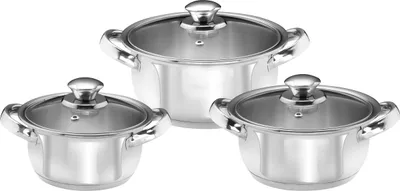 Three stainless steel pots with glass lids are arranged in a group on a white background.