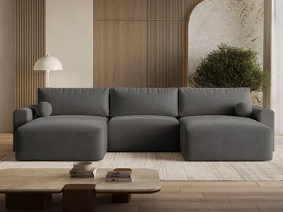 Produktbild von GrainGold Ecksofa U-Form Aurora - Ecksofa mit Schlaffunktion, Bettkasten - Moderne Ecksofa, Wohnzimmer Sofa - Eckcouch mit Velvet-Stoff - Dunkelgrau (Castel 93)