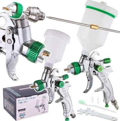 Zdjęcie produktu dla Profesjonalny zestaw pistoletów natryskowych HVLP - 3 rozmiary dysz (0,8 mm, 1,4 mm, 1,7 mm), zbiorniki 600 ml i 125 ml