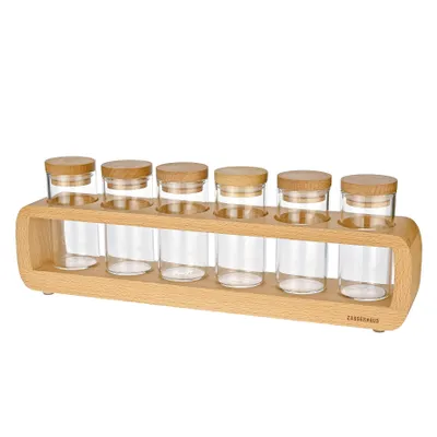 Produktbild von Zassenhaus Gewürzregal mit 6 Gläsern aus Buchenholz, Borosilikatglas und Kork, 36x6x12 cm (LxBxH), rutschfeste Füße, spülmaschinengeeignete 100 ml Gläser, aromasichere Lagerung, natürlicher Buchenlook, inkl. Geschenkverpackung