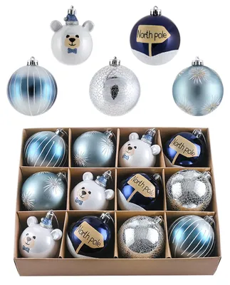 12er Set Kunststoff-Kerzenbälle, blau-weiß, modern
