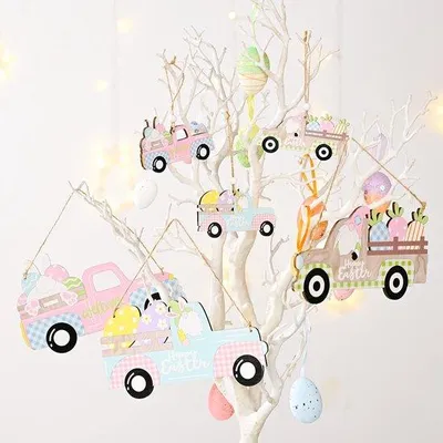 Produktbild von 6 Stück Ostereier-Dekoration – Selbstmobil DIY Holzschmuckbögen, Hase & Fröhliches Ostern