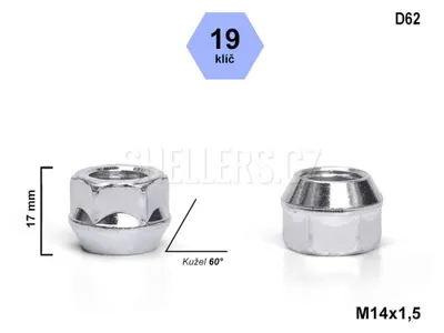 Obrázek produktu pro Kolová matice M14x1,5 kužel otevřená, klíč 19 , D62, výška 17 mm