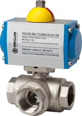 Produktbild von Riegler Messingkugelhahn, pneumat. Stellantrieb, L-Bohrung, Rp 1/2, L=116