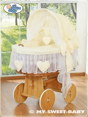 Produktbild von MY SWEET BABY Babybett aus Naturfaser Creme mit Abnehmbarer Dachklappe und Holzunterbau