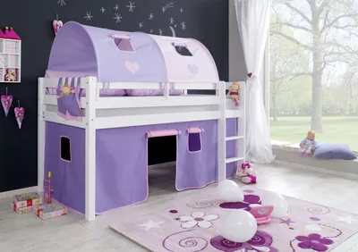 Produktbild von Halbhohes Einzelbett Alex Buche massiv 90x200 cm Weiß lackiert mit Stoff-Set