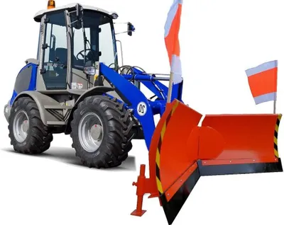A snow plow attachment for a tractor, shown in a studio setting.