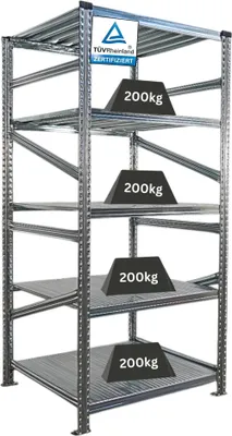 Produktbild von Fachbodenregal PROXIMO mit  Stecksystem | Grundregal | HxBxT 200x90x80cm | 5 Ebenen | Fachlast 200 kg | Beidseitig nutzbar | Verzinkt