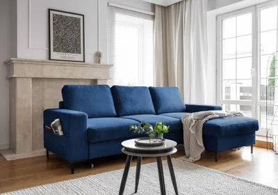 Image de MIUFORM Lofty Lilly - Canapé d'angle avec fonction lit et coffre de lit L-FORME DROITE - 236x148cm - Bleu marine - Canapé-lit Canapé