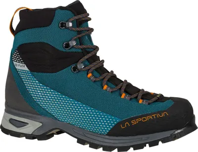 Bergschuh "Trango Trk Gtx" von La Sportiva; in Blau und Schwarz mit orangefarbenen Akzenten und Schnürung.