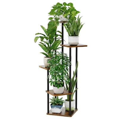 Produktbild von Bamworld Blumenständer, Pflanzenständer, Pflanzenregal aus Holz und Metall, Modernes Regal für Innenpflanzen, 5 Ebenen, Stabil und platzsparend