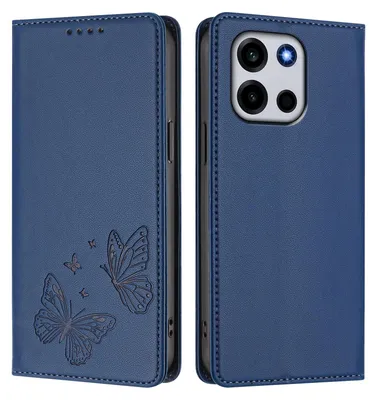 Image de Étui en cuir pour OnePlus Turbo 6, étui de protection type portefeuille en cuir gaufré « papillon » avec support, bleu foncé