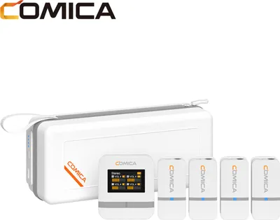 Produktbild von COMICA Vimo Q 2,4 GHz kabelloses Lavalier-Mikrofonsystem, Ansteckmikrofon mit grossem Bildschirm, 200 m uebertragungsreichweite, Rauschunterdrueckung, 16 Stunden Laufzeit, mit Empfaenger + 4 Sender + Ladebox + 2 Adapterkabel + Ladebox + 4 Windschutz, kompatibel mit Android-Smartphones, Tablets, Computern, Laptops, Kameras