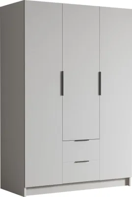 Produktbild von MIRJAN24 Kleiderschrank Calwi I 150, Schlafzimmer, Drehtürenschrank, mit Kleiderstange, Modern, Garderobenschrank, Metallgriffe (Farbe: Weiß + Schwarz)