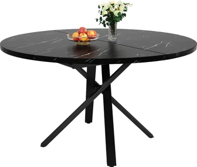 Produktbild von Runder Ausziehtisch mit Marmoroptik - 100 cm (ausziehbar auf 140 cm) x 75,5 cm hoch - Mit robustem X-Metallgestell in Schwarz - Ideal als Küchentisch