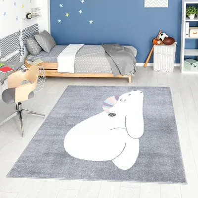 Produktbild von Kinderteppich Tier-Motiv - Grau - 80x150 cm - Kinderzimmerteppich Kurzflor Bär
