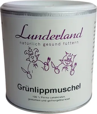 A product shot of a Lunderland Grünlippmuschelpulver can.