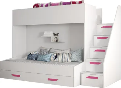 Produktbild von Etagenbett für Kinder Party 16 Stockbett mit Treppe und Bettkasten (Weiß + Weiß Glanz + rosa Griffe)