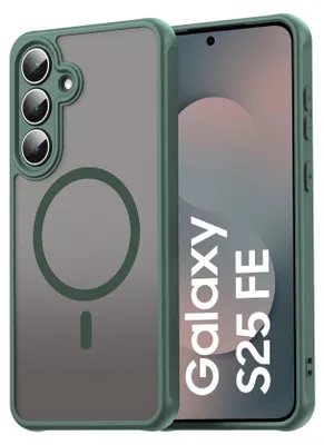 A green phone case is shown next to a phone displaying the "Galaxy S25 FE" logo.