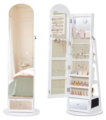 Produktbild von SONGMICS Spiegelschrank mit LED-Beleuchtung, Schmuckschrank drehbar, Aufbewahrung für Schlafzimmer, Schublade, weiß