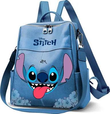 A blue backpack with a Stitch character design and the Disney Stitch logo.
