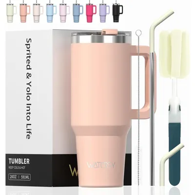 Immagine prodotto di Tazza termica da viaggio, 591 ml, rosa, a doppia parete in acciaio inossidabile, isolamento sottovuoto, a prova di perdite, con manico e cannuccia