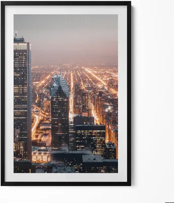 Produktbild von Abendliche Stadt– Wandbild mit Rahmen – Gerahmtes Bild  – Wanddekoration – 70x100 cm –  Schwarz Rahmen