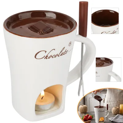 Produktbild von Keramik Schokofondue‑Tasse 200 ml, Schokoladenschmelztopf Mit Gabeln, Für Schokolade, Käse, Butter Und Karamell