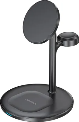A black 3-in-1 wireless charging stand for iPhones, AirPods Pro, and iWatch.