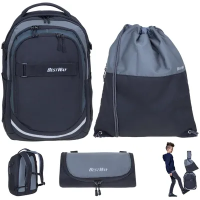Produktbild von Schulrucksack Jungen 3 Teile Set Bestway Evolution Packer Schulmappe Rucksack Schultasche Tasche 40177-0159 Sportbeutel, Mäppchen Black Dark Grey rtm