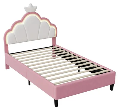 Image de Lit pour enfant "Prinzessin" - Lit rembourré 140x200 cm - Éclairage LED - Tête de lit avec couronne et fleurs - Sommier à lattes sans matelas - Rose