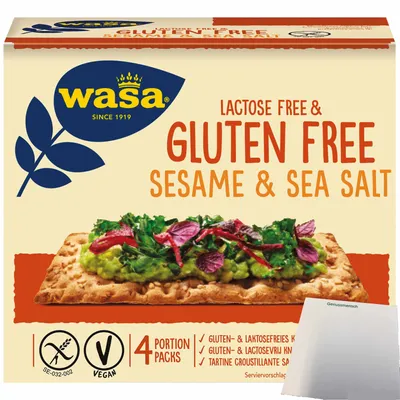 Produktbild von Wasa Knäckebrot Gluten und Laktosefrei mit Sesam und Meersalz (240g Packung) + usy Block
