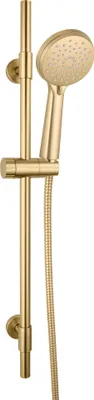 A gold-colored shower set mounted on a white background.