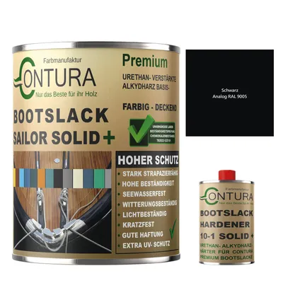 Produktbild von Contura 1.10 Liter 2K Bootslack SEIDENMATT RAL Farbe Yachtlack Holzlack GFK Metall Boot Schiffslack - Schwarz RAL 9005 - (1 Liter + 100ml. HÄRTER)