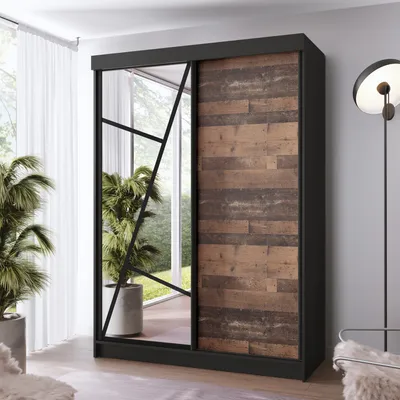 Produktbild von FurMeb24 Schiebetürenschrank LOE 138x205x59 cm Kleiderschrank mit Spiegel, 2-türiger Schiebeschrank (SCHWARZ/ALTSTIL)