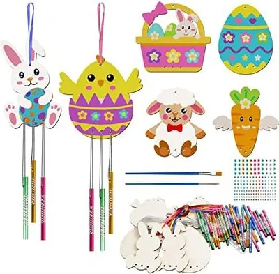 Produktbild von WEDNOK 12tlg Ostern Windspiel Bastelset Kinder Ostern Basteln Holz Osterbasteln mit Ostereier Osterhase Osterküken Klangspiel Bastelhandwerk zum Bemalen Dekorieren für Osterdeko Frühling Mädchen Junge