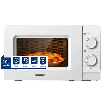 Obrázok produktu pre Heinner HMW-MD20MWH, Na pracovnú dosku, Sólo mikrovlnná rúra, 20 L, 700 W, Otočné, Biela