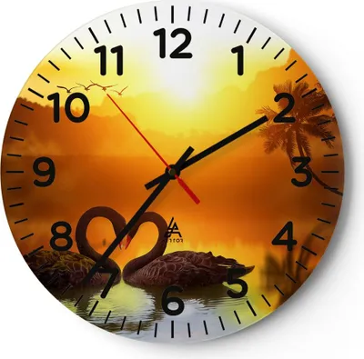 Produktbild von Wanduhr - Rund - Glasuhr - Schwan Wasser Paar - 30x30cm - Schleichendes Uhrwerk - Lautlos - zum Aufhängen bereit - Dekoration Modern - Wanddekoration aus Glas - C4AR30x30-3855
