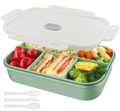 Image de Boîte à lunch de 1 400 ml - Boîte à lunch à 4 compartiments - Boîte à lunch étanche avec joint d'étanchéité, boîte à bento - Sans BPA, pour adultes et enfants (verte)