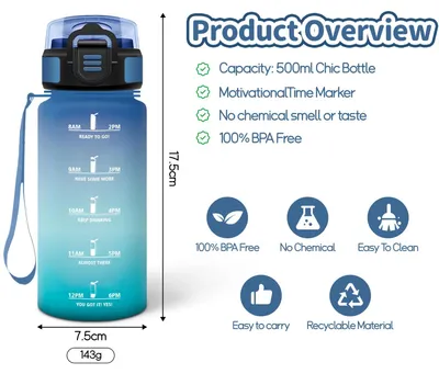 Produktbild von Trinkflasche 500 ml Motswedi, Auslaufsicher, BPA-frei, mit Strohhalm, Blaugrün
