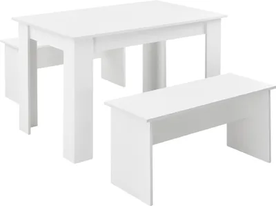Produktbild von Jídelní set stůl a lavice 3 kusy Jídelní set pro 4 osoby Stůl 110 x 70 cm s 2 lavicemi Stolová skupina Sedací souprava bílá [en.casa]