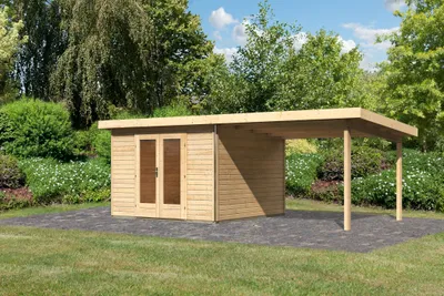Produktbild von Karibu Gartenhaus Gerätehaus Radeburg 1 im Set 3,3 m Anbaudach naturbelassen 604x309x229,5 cm