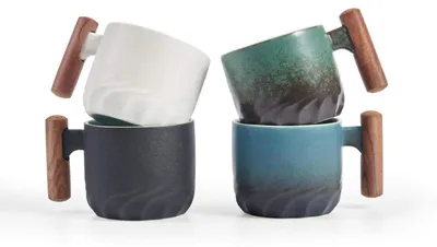 Zdjęcie produktu dla Zestaw 4 filiżanek do espresso, ceramiczne, z drewnianym uchwytem, pojemność 85 ml