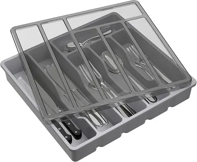 Produktbild von PolkaHome® Besteckkasten mit Deckel, Besteck-Organizer für Schublade und Arbeitsplatte, Kunststoff-Besteckaufbewahrung für Löffel,