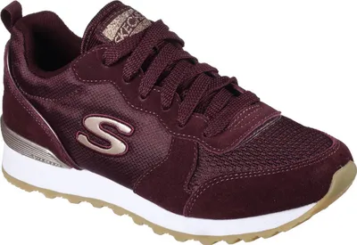 A single burgundy Skechers shoe is shown against a white background.