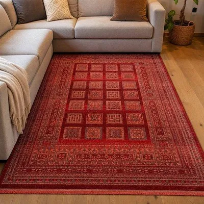 Productafbeelding van Unyqoos® Shah Oosterse vintage vloerkleed – Rood, 200x290 cm, polyester (uiterlijk van wol), franjes, 8 mm poolhoogte, geschikt voor vloerverwarming