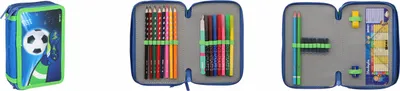 Produktbild von SCOOLSTAR Federmäppchen 3 Kammer 3 Zip Fussball Motiv Schule Kindergarten gefüllt 28 teilig