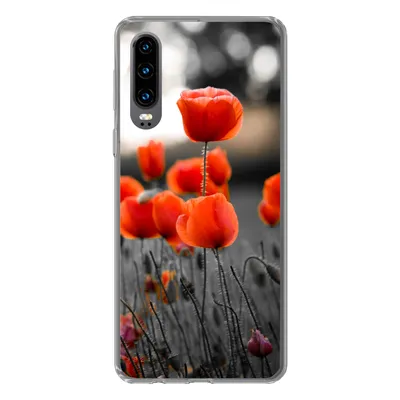 Produktbild von MuchoWow® Handyhülle Schutzhülle Hülle für Huawei P30 Rote Mohnblumen vor schwarzem und weißem Hintergrund Silikon Softcase Handy Hülle - Kartenbesitzer