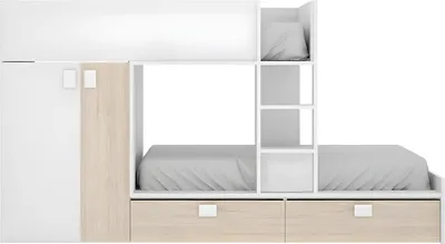 Produktbild von Etagenbett - 2 × 90 × 190 cm - Einbauschrank - weiß und natur - JUANITO