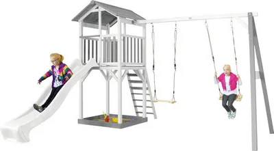 Obrázok produktu pre AXI Beach Tower with Double Swing Grey/white - White Slide, domček na piliéroch, 3 rok / roky, Šmykľavka, Šedá, Biela